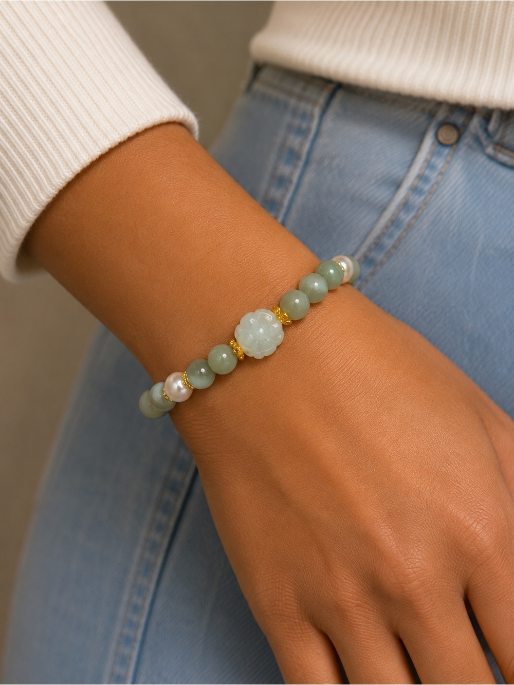 🌿 Natural Green & White Jade Flower Bracelet 🌿